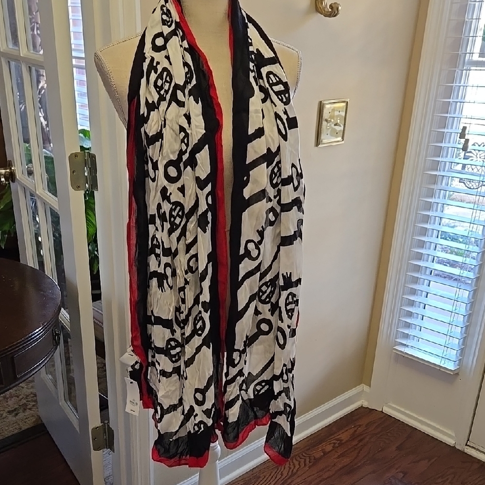 Crown & Ivy black white rectangular scarf with graphic keys red trim rayon New